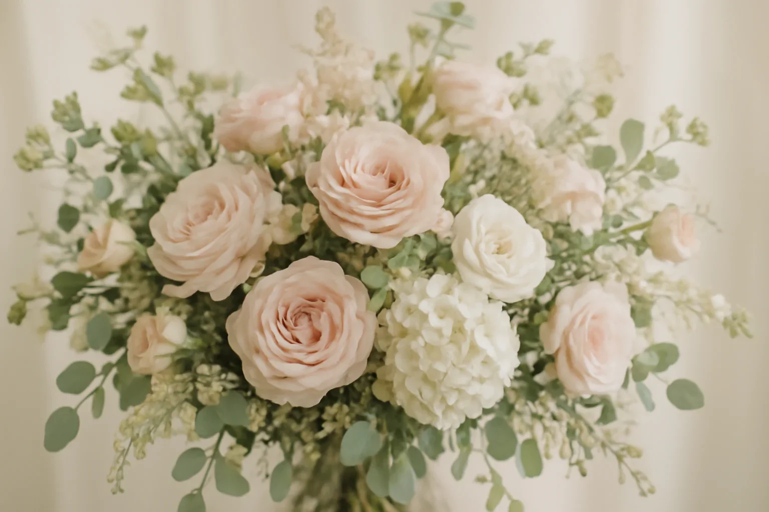 Romantic wedding flowers in soft blush, ivory, and green tones