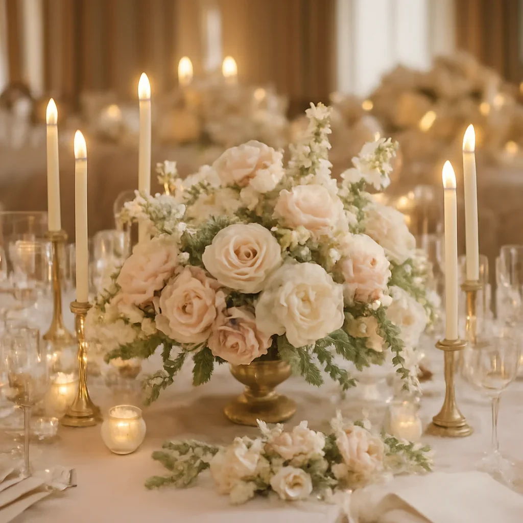Wedding reception table flowers with candles and layered floral detail