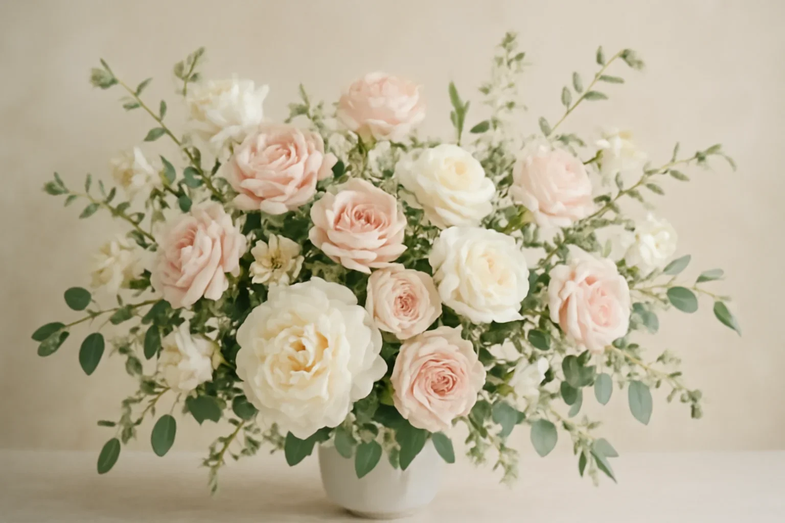 Romantic wedding flowers in soft blush, ivory, and green tones