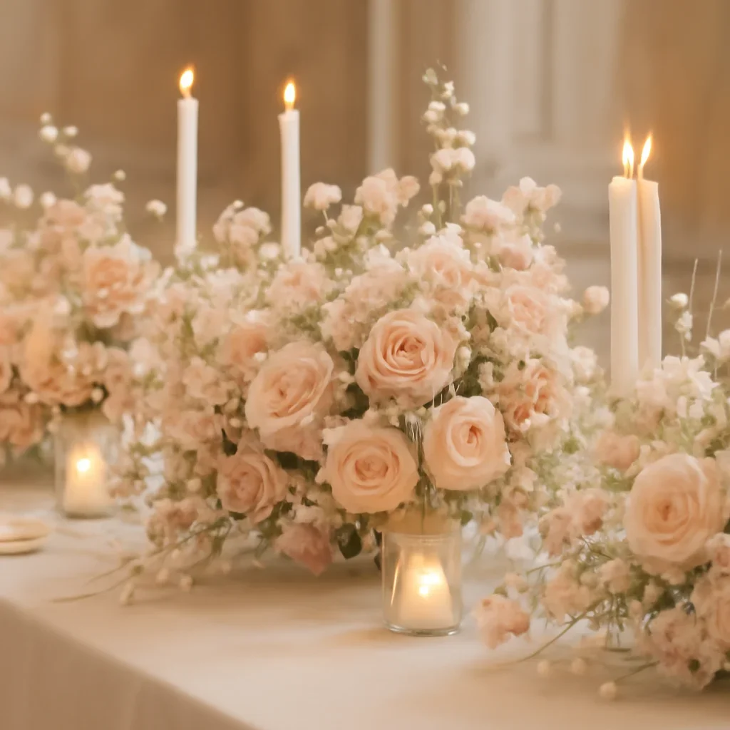 Wedding reception table flowers with candles and layered floral detail