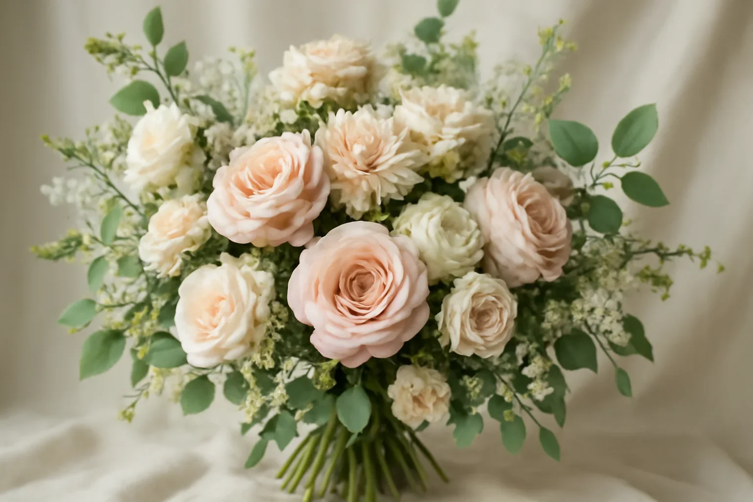 Romantic wedding flowers in soft blush, ivory, and green tones
