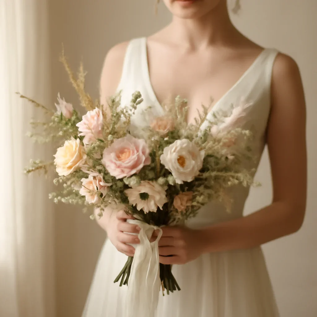 Bride holding a textured bouquet with ribbon and seasonal flowers