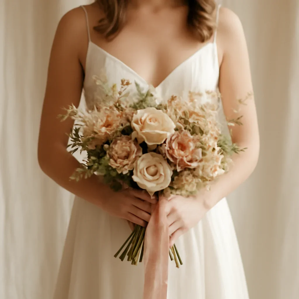 Bride holding a textured bouquet with ribbon and seasonal flowers