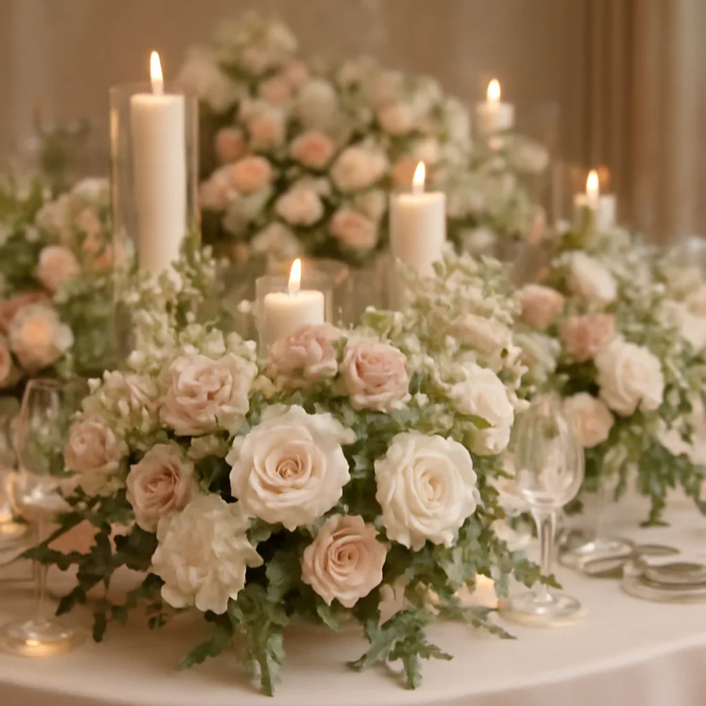 Wedding reception table flowers with candles and layered floral detail