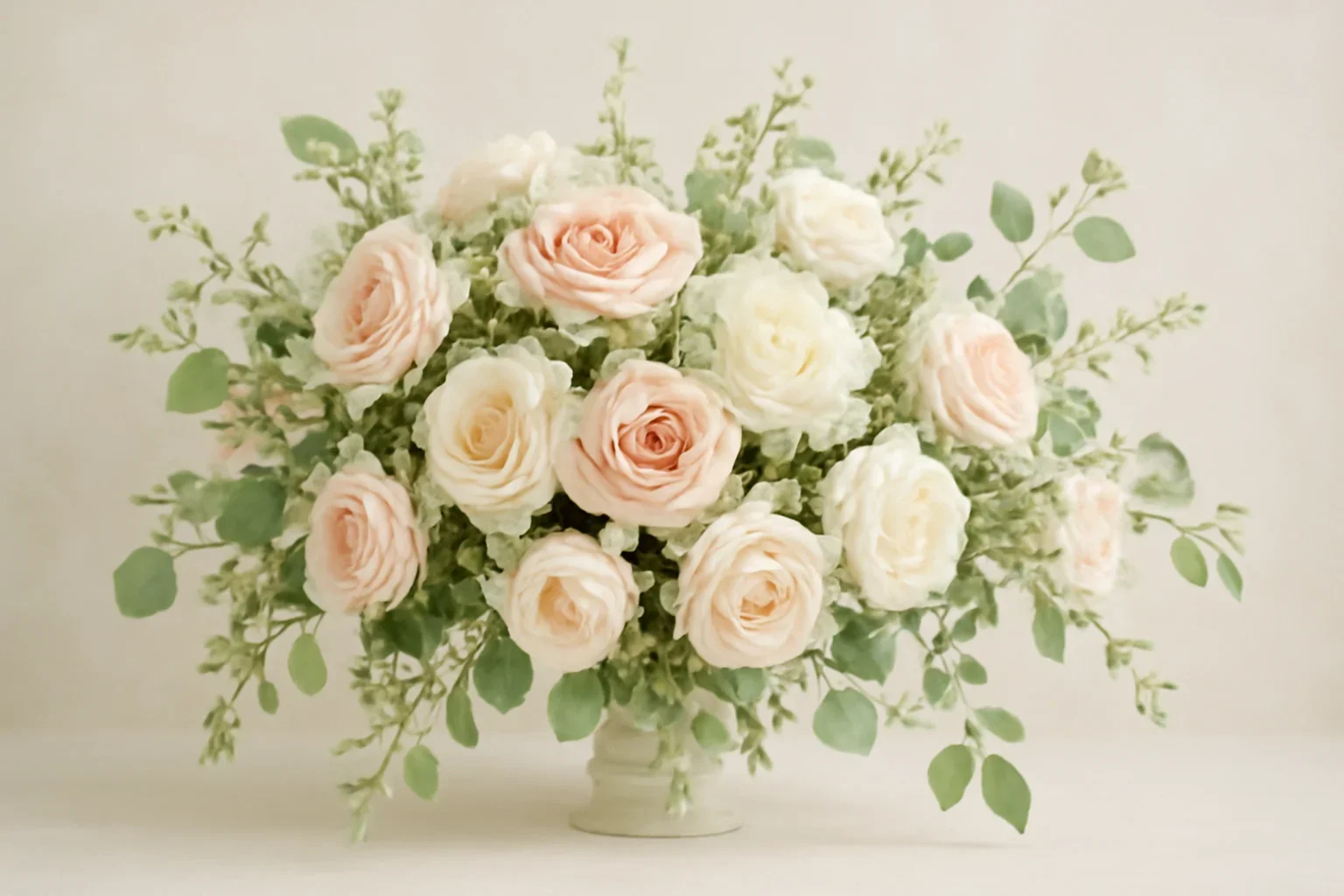 Romantic wedding flowers in soft blush, ivory, and green tones