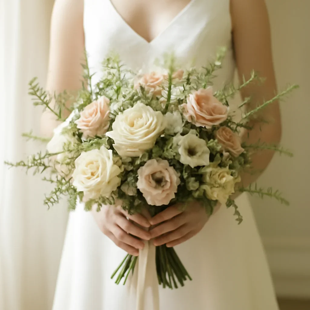 Bride holding a textured bouquet with ribbon and seasonal flowers