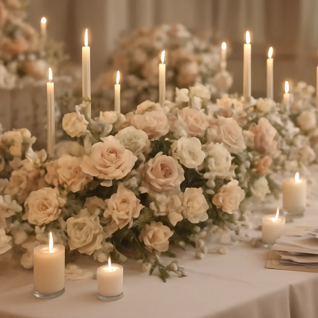 Wedding reception table flowers with candles and layered floral detail