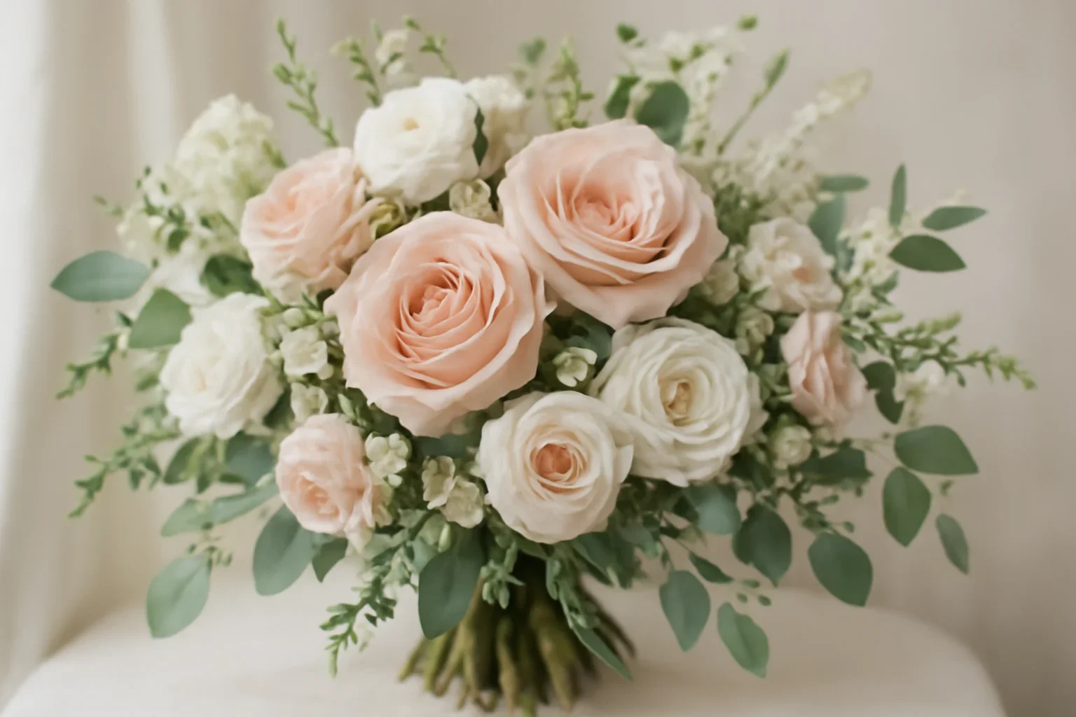 Romantic wedding flowers in soft blush, ivory, and green tones
