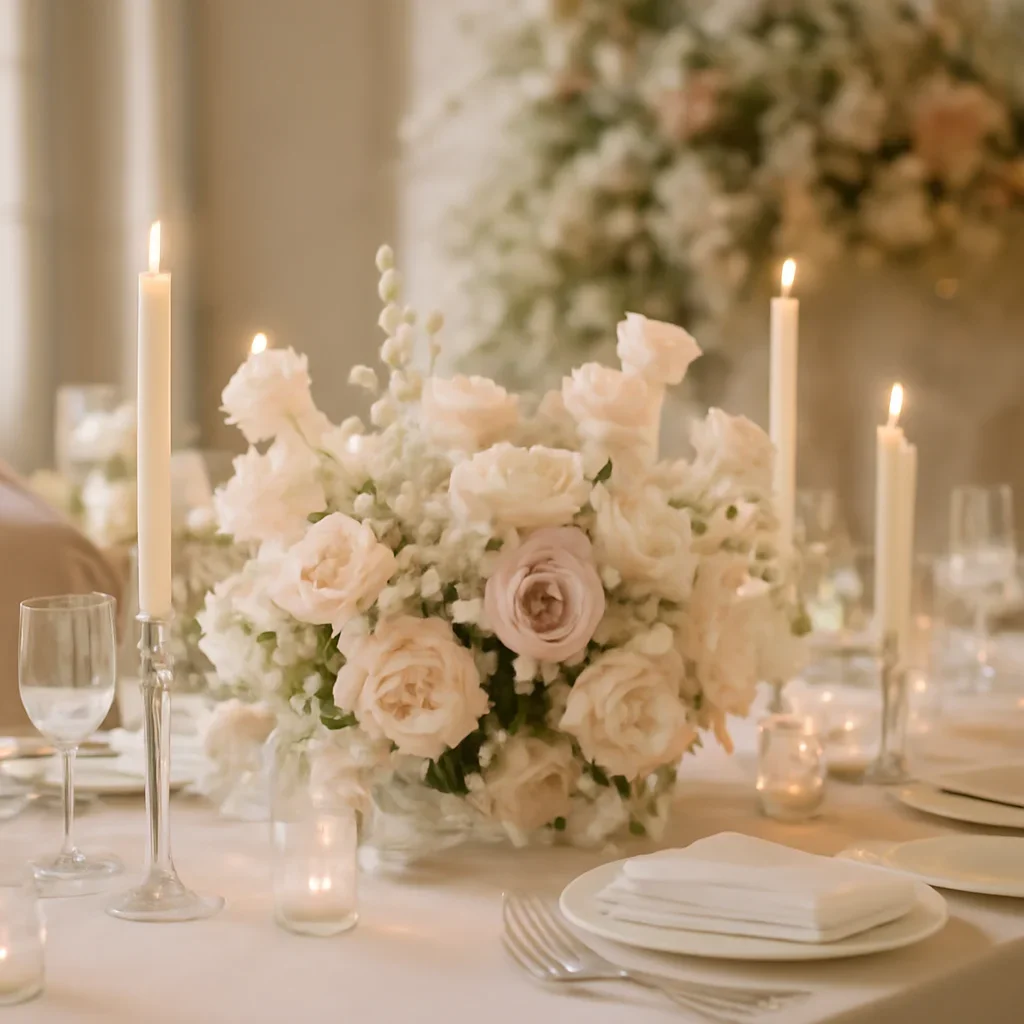 Wedding reception table flowers with candles and layered floral detail