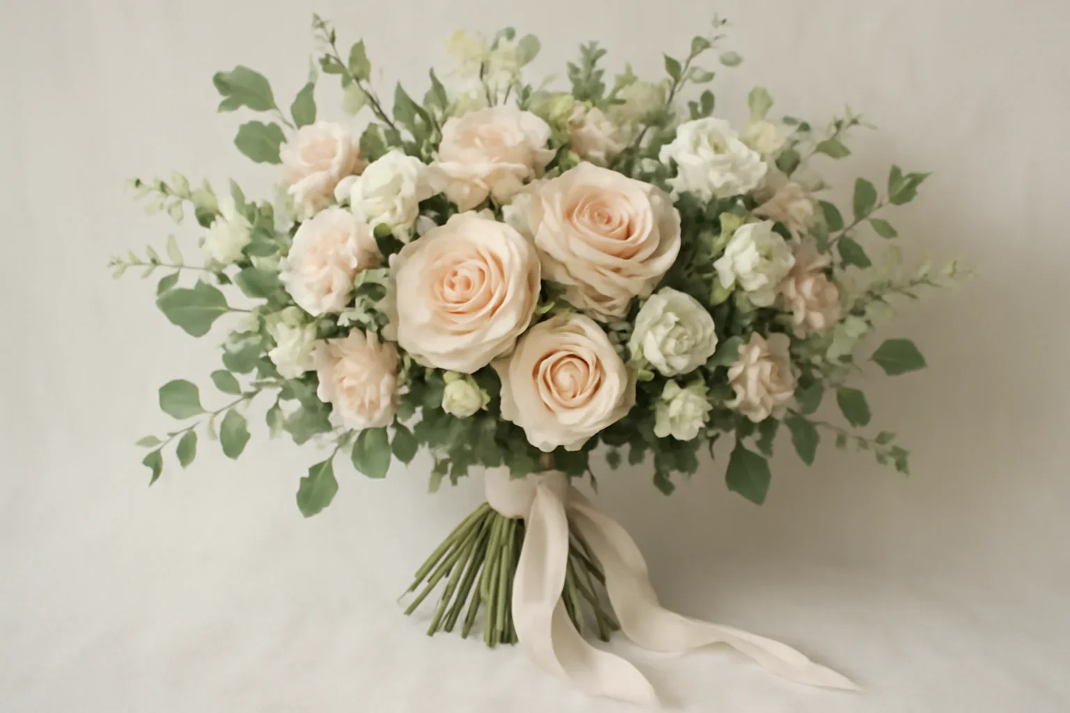 Romantic wedding flowers in soft blush, ivory, and green tones