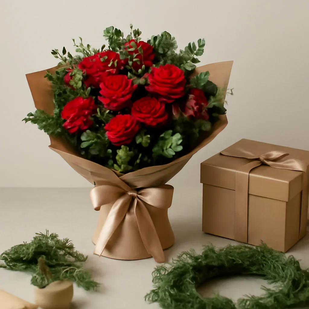 Refined bouquet and packaging detail for christmas wreath workshop